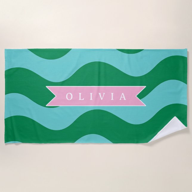 Personalized Modern Fun Green Wave Stripes Custom Beach Towel (Front)