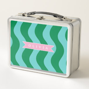 Personalized Modern Fun Green Wave Stripes Custom Metal Lunch Box