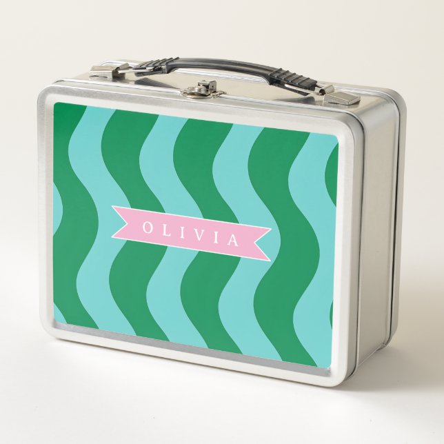 Personalized Modern Fun Green Wave Stripes Custom Metal Lunch Box (Front)