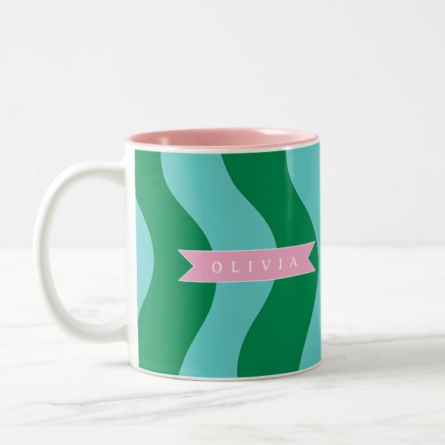 Personalized Modern Fun Green Wave Stripes Custom Two-Tone Coffee Mug (Left)