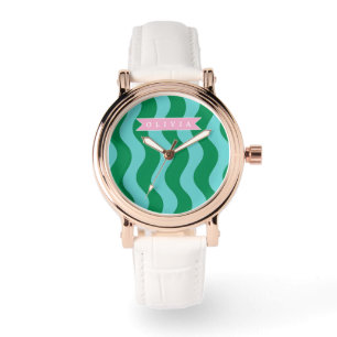 Personalized Modern Fun Green Wave Stripes Custom Watch