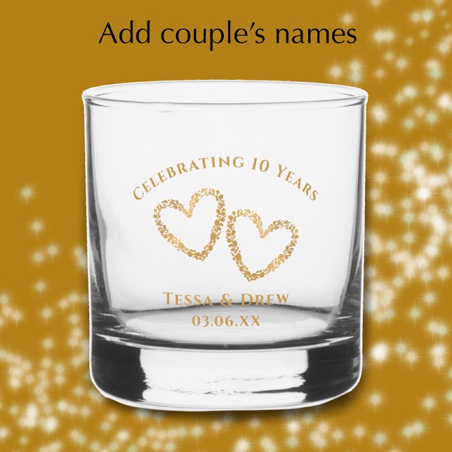 Personalized Modern Gold 10th Wedding Anniversary Whiskey Glass (Personalize this lovely 10th wedding anniversary commemorative glass gift. Golden copper hearts.
)