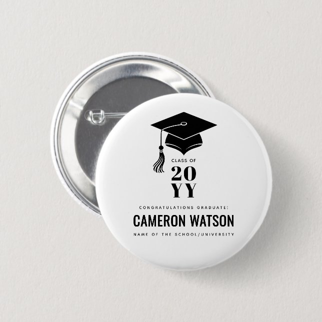 Personalized Modern Hat and Tassel Graduation 6 Cm Round Badge (Front & Back)