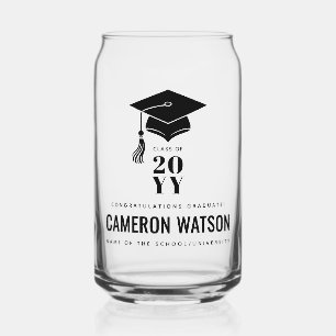 Personalized Modern Hat and Tassel Graduation Can Glass