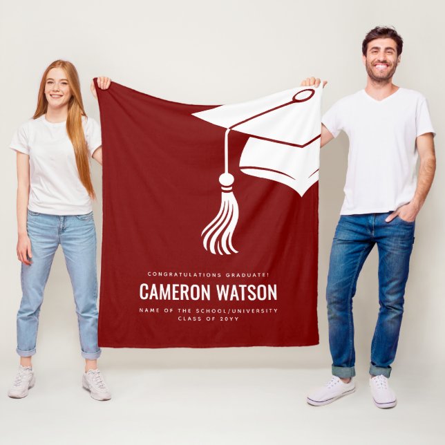 Personalized Modern Hat and Tassel Graduation Fleece Blanket (In Situ)