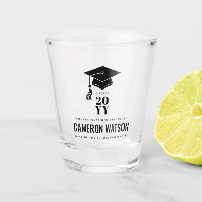 Personalized Modern Hat and Tassel Graduation Shot Glass (Front)