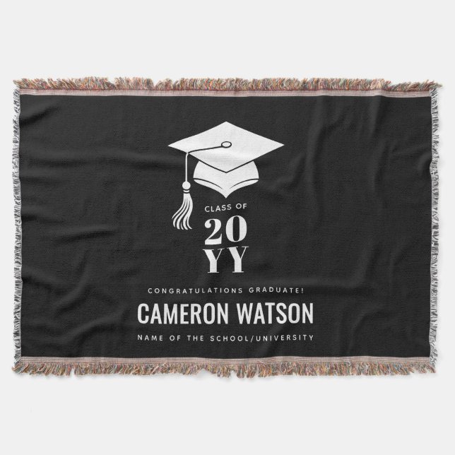 Personalized Modern Hat and Tassel Graduation Throw Blanket (Front)