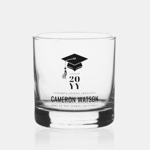 Personalized Modern Hat and Tassel Graduation Whiskey Glass