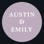 Personalized Modern Lavender Wedding Classic Round Sticker<br><div class="desc">Check out these cute modern stickers for your wedding. They feature a pretty color background, a cute script and customizable names for the bride and groom to add their own name. Customize text as you please to match your wedding vibe. Perfect for all wedding needs products such as thank you...</div>