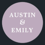 Personalized Modern Lavender Wedding Classic Round Sticker<br><div class="desc">Check out these cute modern stickers for your wedding. They feature a pretty color background, a cute script and customizable names for the bride and groom to add their own name. Customize text as you please to match your wedding vibe. Perfect for all wedding needs products such as thank you...</div>