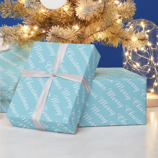 Personalized Modern Merry Christmas Light Blue Wrapping Paper (Holidays)