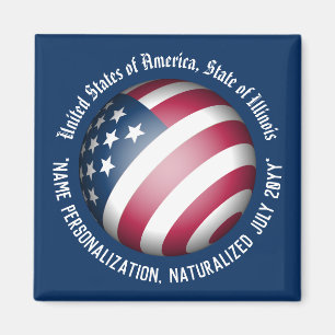 Personalized Modern Patriotic USA Flag Globe, Blue Magnet