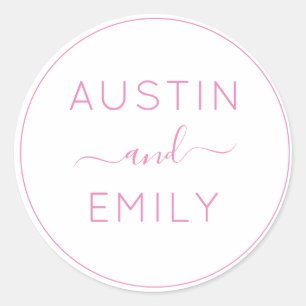 Personalized Modern Pink White Wedding  Classic Round Sticker