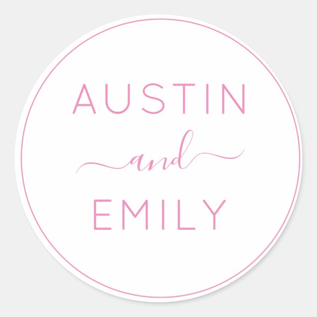 Personalized Modern Pink White Wedding  Classic Round Sticker (Front)