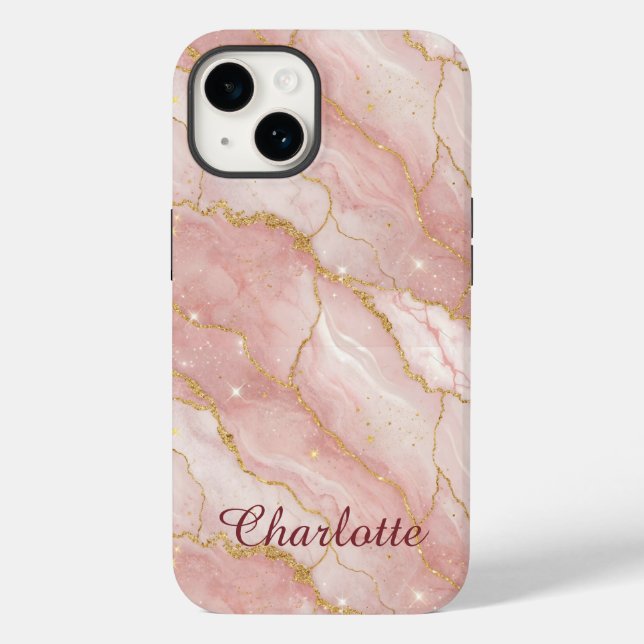 Personalized Modern Rose Quartz Marble Gold Case-Mate iPhone Case (Back)