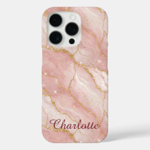 Personalized Modern Rose Quartz Marble Gold iPhone 16 Pro Case