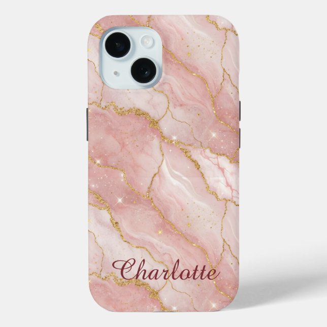 Personalized Modern Rose Quartz Marble Gold Case-Mate iPhone Case (Back)