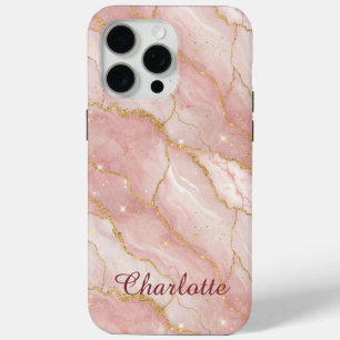 Personalized Modern Rose Quartz Marble Gold iPhone 15 Pro Max Case