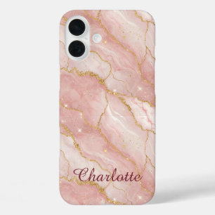 Personalized Modern Rose Quartz Marble Gold iPhone 16 Plus Case
