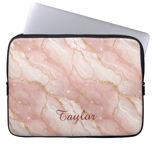 Personalized Modern Rose Quartz Marble Gold Glitte Laptop Sleeve (Front)