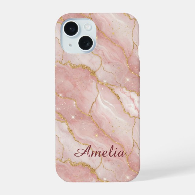 Personalized Modern Rose Quartz Marble Gold iPhone 15 Case (Back)