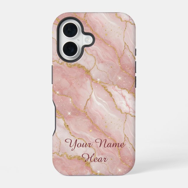 Personalized Modern Rose Quartz Marble Gold iPhone 16 Case (Back)
