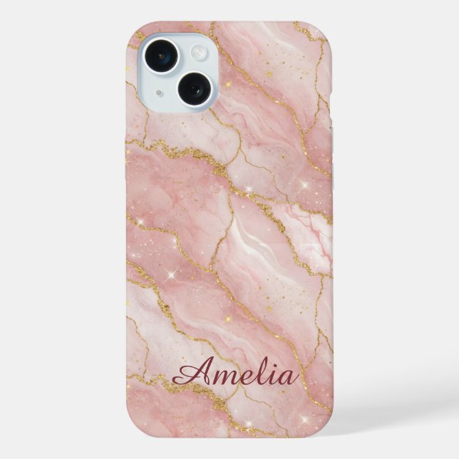 Personalized Modern Rose Quartz Marble Gold iPhone Case (Back)