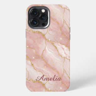 Personalized Modern Rose Quartz Marble Gold iPhone 13 Pro Max Case
