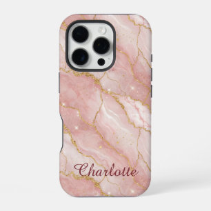 Personalized Modern Rose Quartz Marble Gold iPhone 16 Pro Case