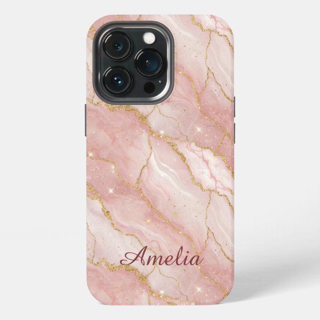 Personalized Modern Rose Quartz Marble Gold iPhone Case (Back)