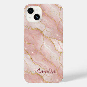 Personalized Modern Rose Quartz Marble Gold iPhone 14 Plus Case