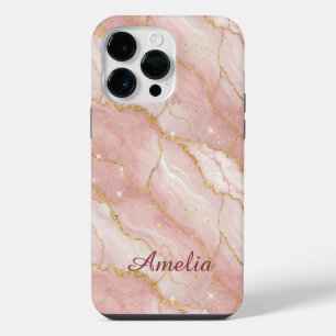 Personalized Modern Rose Quartz Marble Gold iPhone 14 Pro Max Case