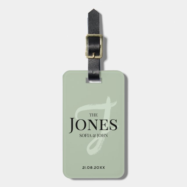 Personalized Modern Sage Green Monogram Newlywed Luggage Tag (Front Vertical)