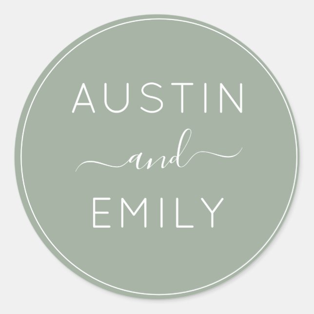 Personalized Modern Sage Green Wedding Classic Rou Classic Round Sticker (Front)