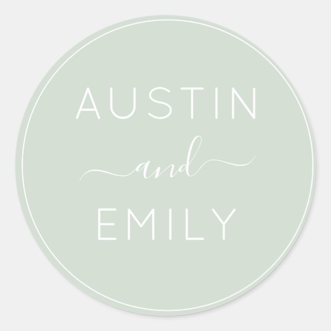 Personalized Modern Sage Green Wedding Classic Round Sticker (Front)