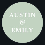 Personalized Modern Sage Green Wedding Classic Round Sticker<br><div class="desc">Check out these cute modern stickers for your wedding. They feature a pretty color background, a cute script and customizable names for the bride and groom to add their own name. Customize text as you please to match your wedding vibe. Perfect for all wedding needs products such as thank you...</div>