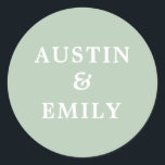 Personalized Modern Sage Green Wedding Classic Round Sticker<br><div class="desc">Check out these cute modern stickers for your wedding. They feature a pretty color background, a cute script and customizable names for the bride and groom to add their own name. Customize text as you please to match your wedding vibe. Perfect for all wedding needs products such as thank you...</div>
