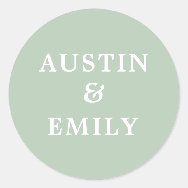 Personalized Modern Sage Green Wedding Classic Round Sticker (Front)