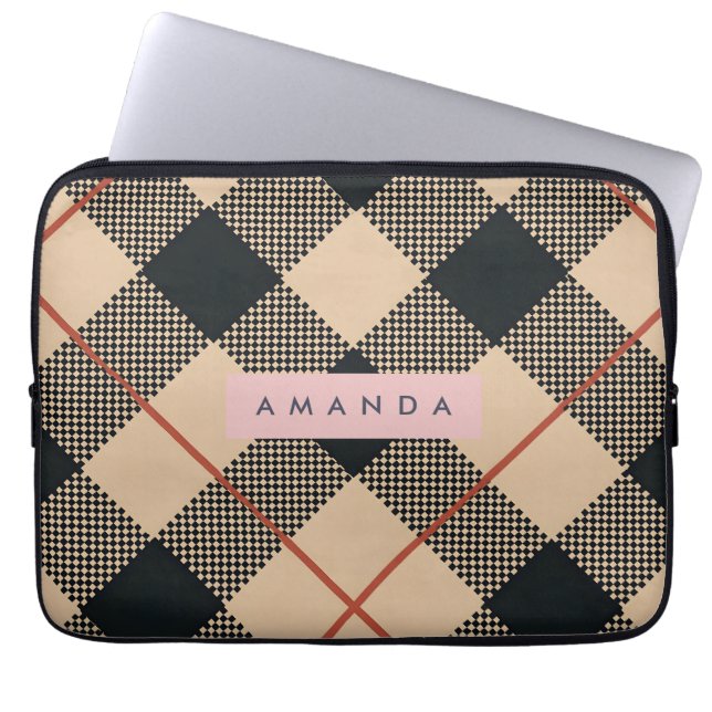 Personalized Modern Tan & Black Checkered Laptop Sleeve (Front)