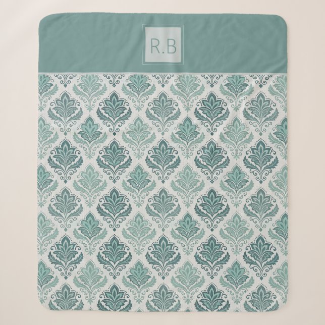 Personalized Modern Teal Nordic Damask Sherpa Blanket (Front)