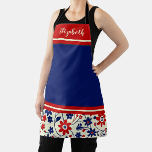 Personalized Mom Red White Blue Floral Apron