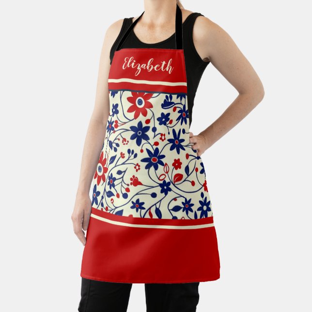 Personalized Mom Red White Blue Floral Apron (Insitu)