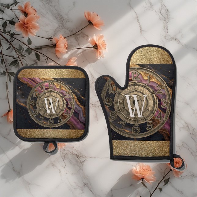Personalized Monogram Agate Pink Rustic Metal Luxe Oven Mitt & Pot Holder Set (Personalized Monogram Agate Pink Rustic Metal Luxe Oven Mitt & Pot Holder Set)