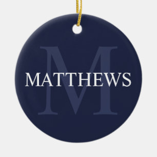 Personalized Monogram and Name Navy Blue Ceramic Tree Decoration