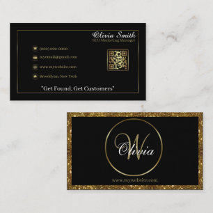 Personalized Monogram Black & Gold Glitter QR Code Business Card
