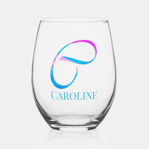 Personalized Monogram "C" Name Abstract Spring Blu Stemless Wine Glass