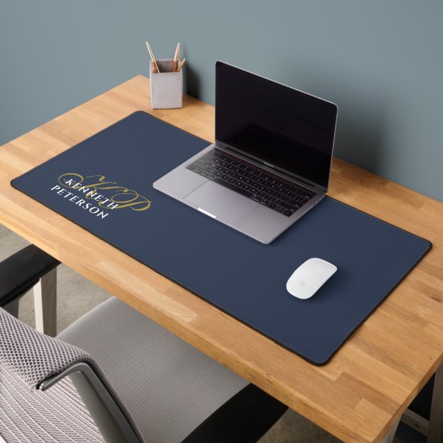 Personalized Monogram Dusty Navy Blue Gold White  Desk Mat (Office 2)