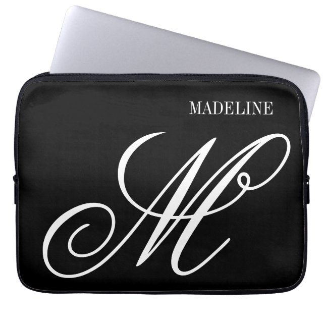 Personalized monogram elegant black and white laptop sleeve (Front)