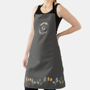 Personalized Monogram Elegant Pink Gray Floral Apron