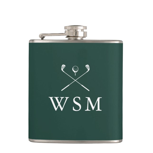 Personalized Monogram Golf Clubs Emerald Green Hip Flask (Front)